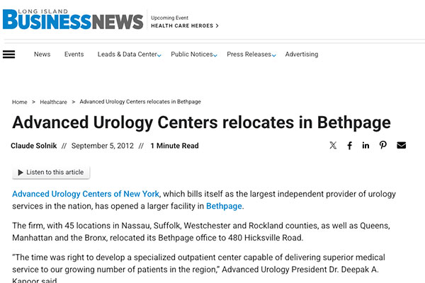 Advanced Urology Centers relocates in Bethpage