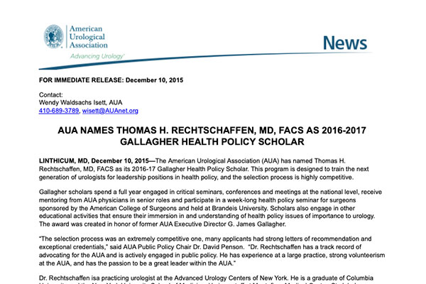 AUA Names Thomas H. Rechtschaffen Gallagher Health Policy Scholar